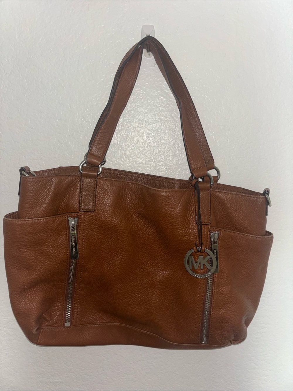 Michael Kors Brown Pebbled Leather Shoulder Tote with Silver Hardwear